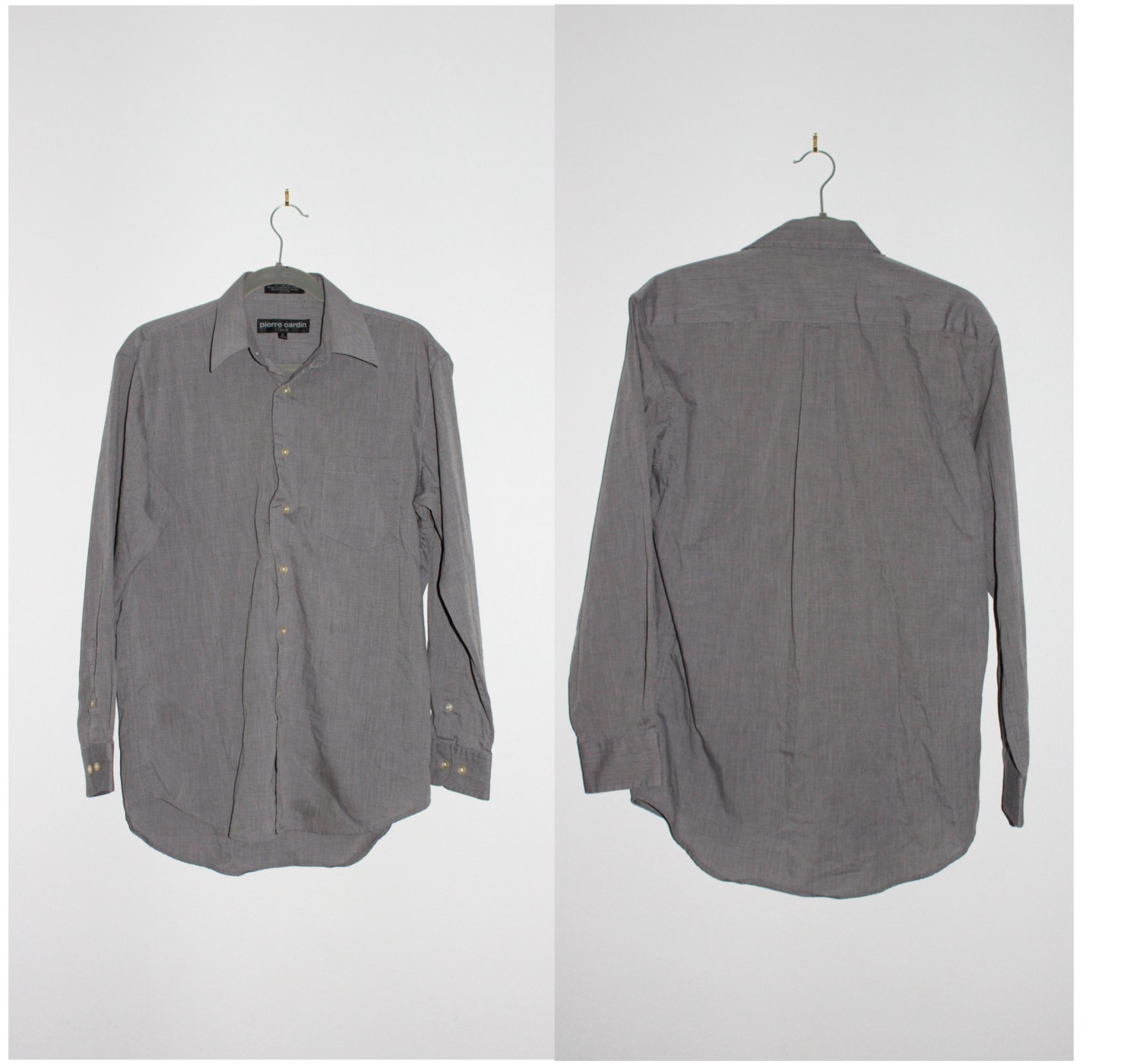 MENS 80s Button Down Grey Blouse Pierre Cardin Paris Collared Shirt Pocket Size Medium