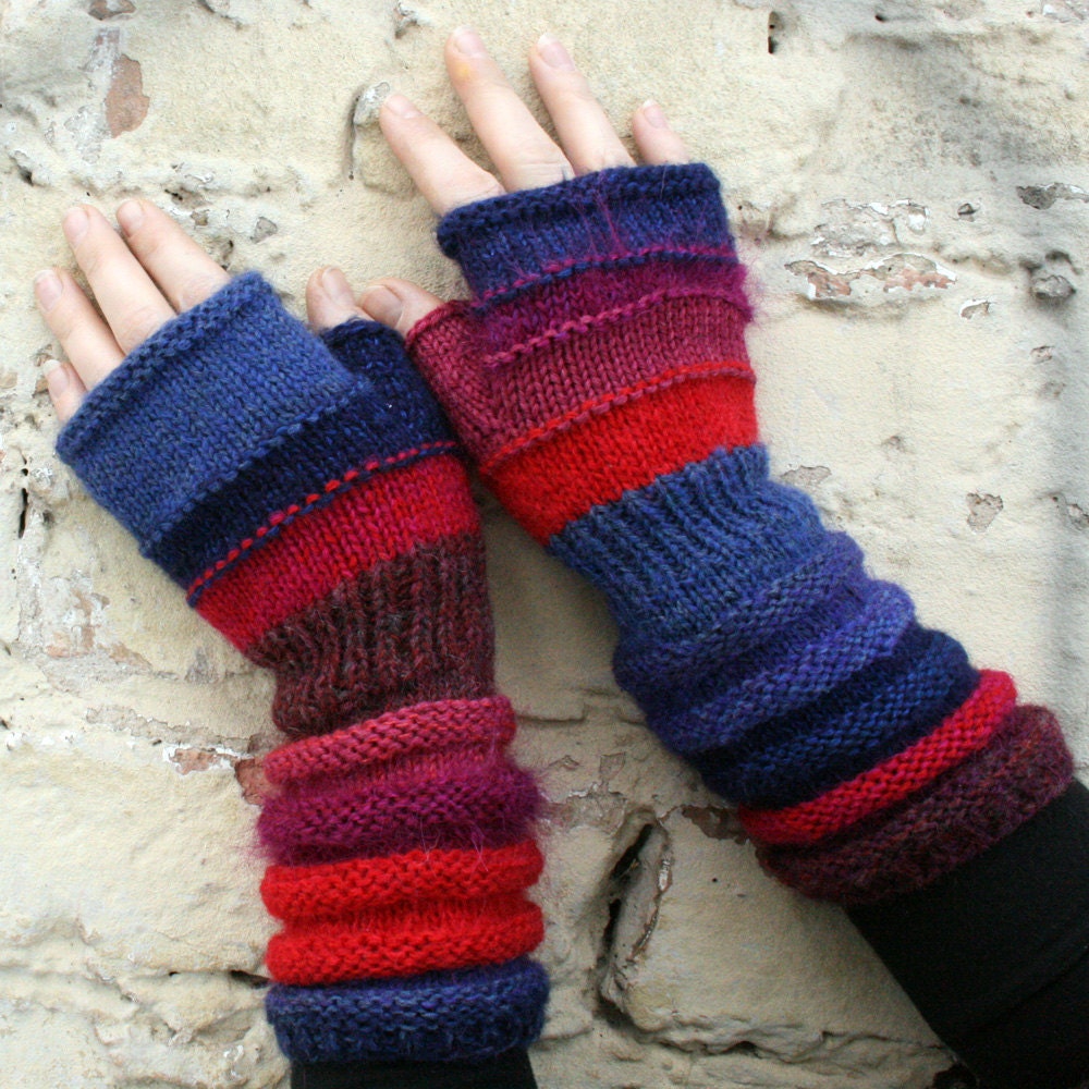 Very Berry Hand Knit Unique Striped Unmatched Fingerless Mittens knit with reused, upcycled wool and kid mohair yarn
