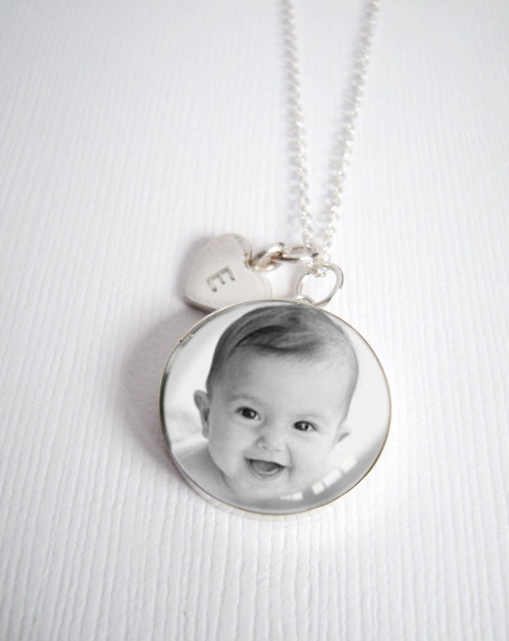 Mothers Day Necklace Custom Photo Memory Pendant - Size Medium 3/4 inch - in Sterling Silver with a Initial Heart Charm