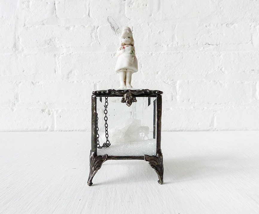 Dismembered Enchantment - Beveled Glass Jewelry Box - Antique German Bisque Doll Figurine w Quartz Crystals