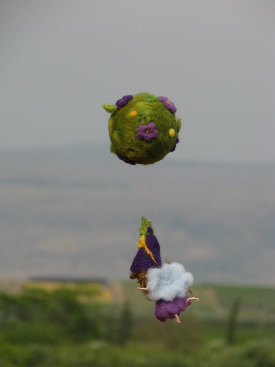Waldorf inspired needle felted mobile - little purple fairy with felted ball