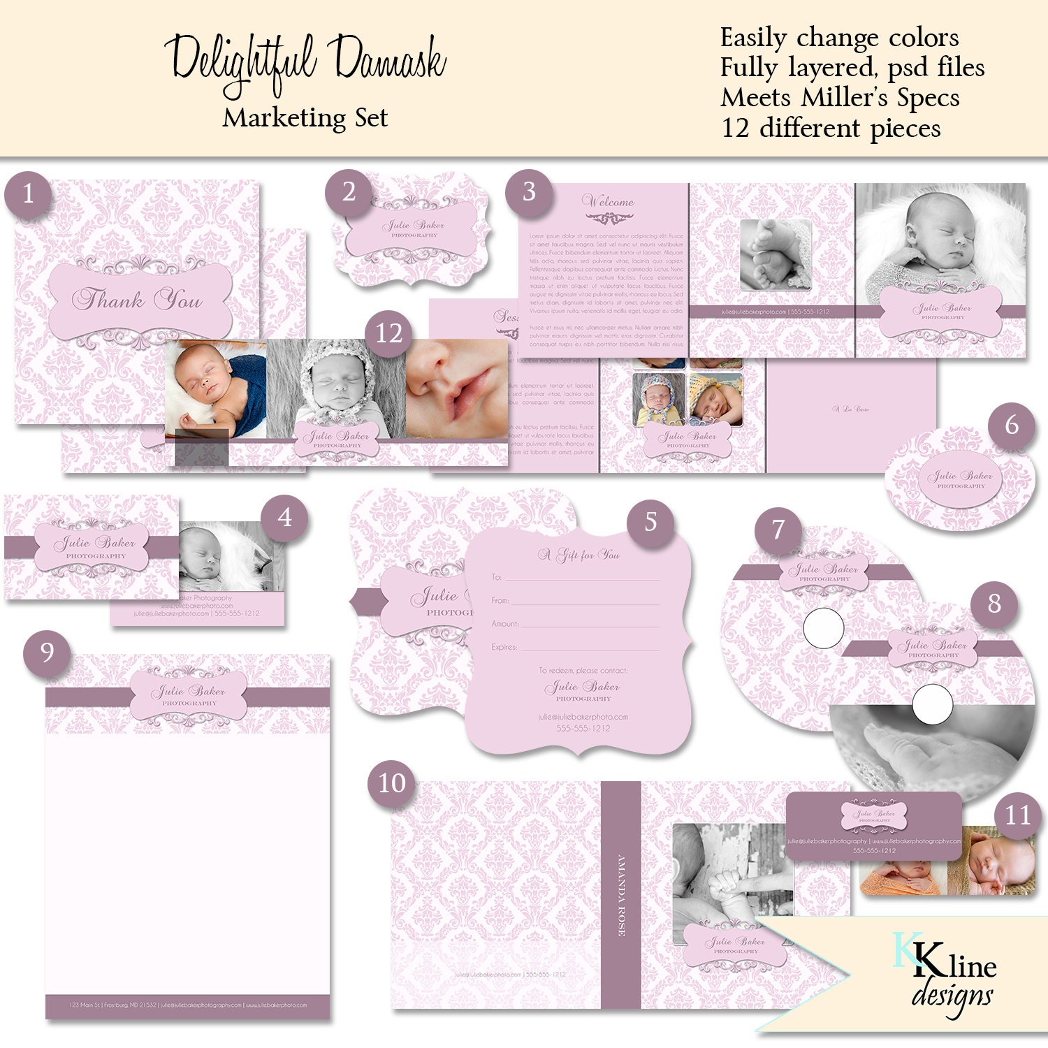 DELIGHTFUL DAMASK - 12 Piece Photography Marketing Set Templates - Photography Branding Kit for Photographers
