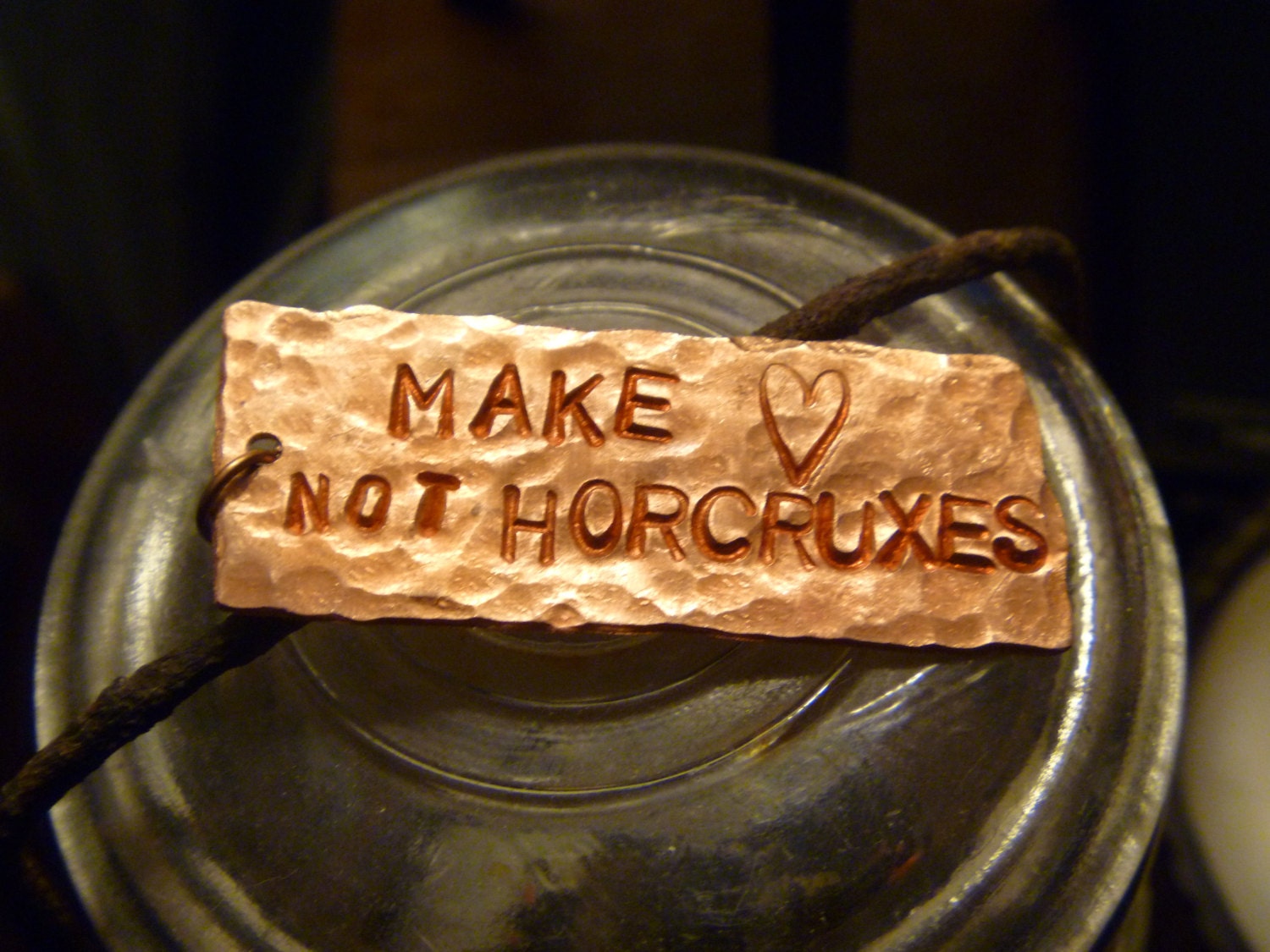 Make Love Not Horcruxes Harry Potter Upcycled Copper Charm