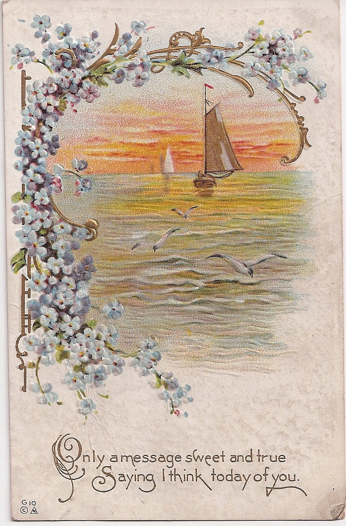 Antique Postcard Message "Sweet and True, I think Today of You" Sail Boats and Sunset Scene framed in Blue Flowers Postmarked 1913
