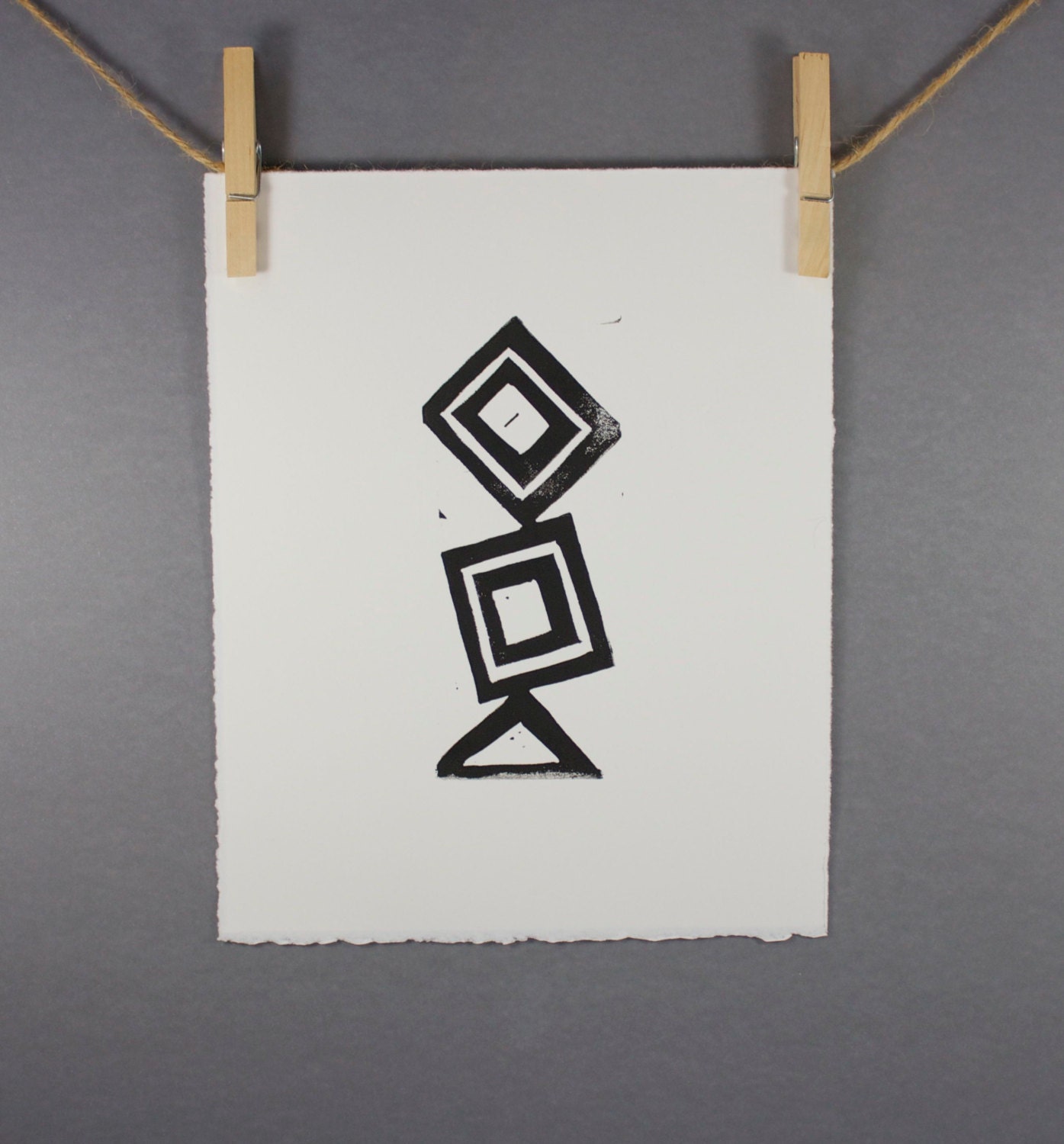 Geometric linocut art PRINT Modern Black Rectangles and Triangles Linocut 8x10 tribal style