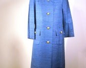 Vintage Silk and Wool Coat 1960s Royal Blue Winter Jacket Peacoat Gold Button Winter Fashion