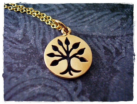 Tiny Tree of Life Charm Necklace in Bronze with a Delicate 18 Inch 22KT Gold Dipped Sterling Silver Cable Chain