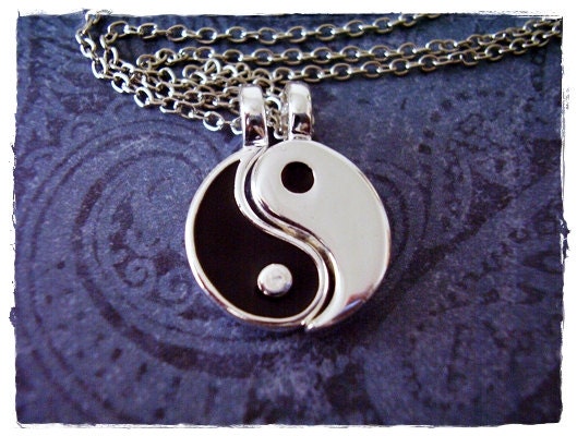 Tiny Yin and Yang Duo Charm Necklace in Enameled Antique Pewter with TWO Delicate 18 Inch Silver Plated Cable Chain