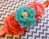 Coral & Aqua Baby Headband. Coral and Aqua Shabby Chic Chiffon Flower Headband. Baby Hair Accessories. Girl Hair Accessories. Baby Headband