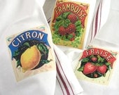 3 New Printed Red Striped Cotton Kitchen Towels with Vintage French Fruit Labels
