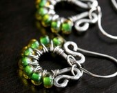 Handmade green and yellow wire wrapped dangle earrings, oxidized sterling silver, hoops, Czech glass, beaded, Mimi Michele Jewelry