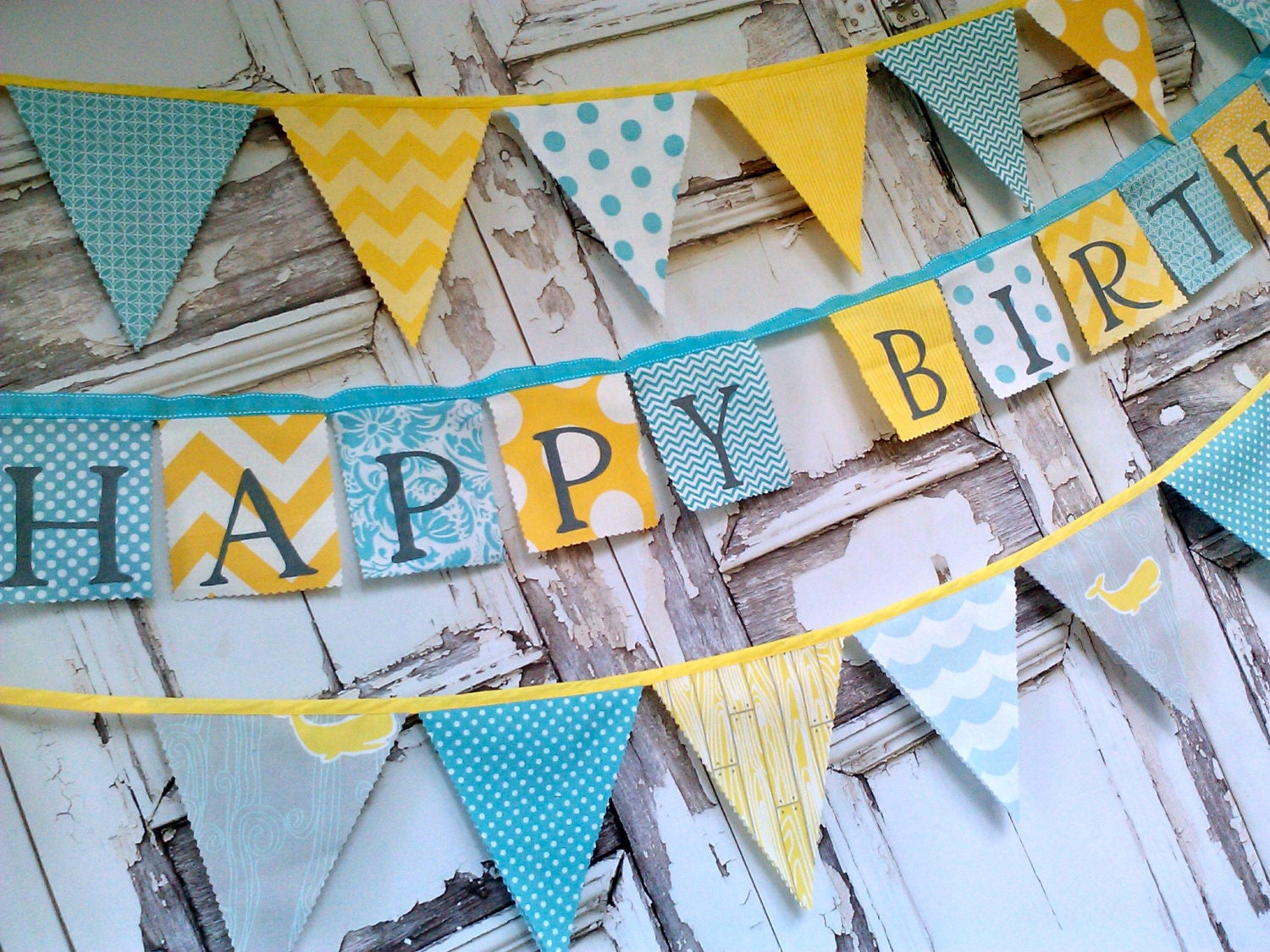 Happy Birthday Banner Yellow Aqua and Gray Chevron Dots Modern Hand painted Fabrics Il_170x135
