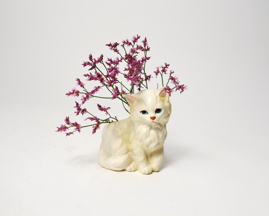 Vintage White Mini Kitten Planter Persian Cat