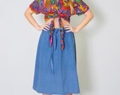 Vintage Denim Skirt 70s Chambray High Waist Cotton Wrap Skirt S M Summer Festival