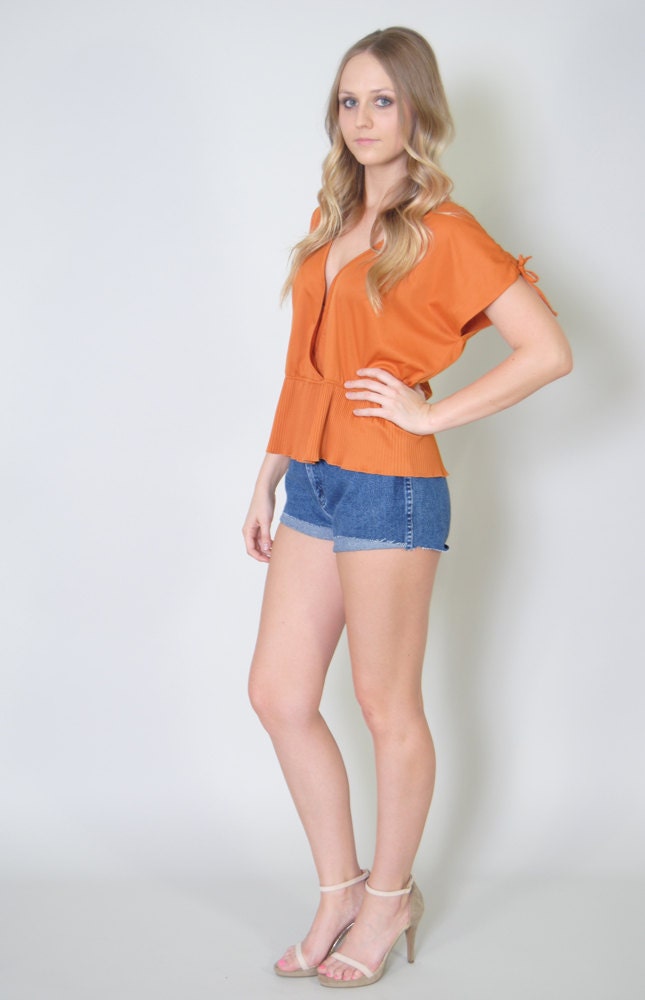 Vintage Orange Blouse 80s Sienna Peplum Pleated Deep V Neck Shirt M