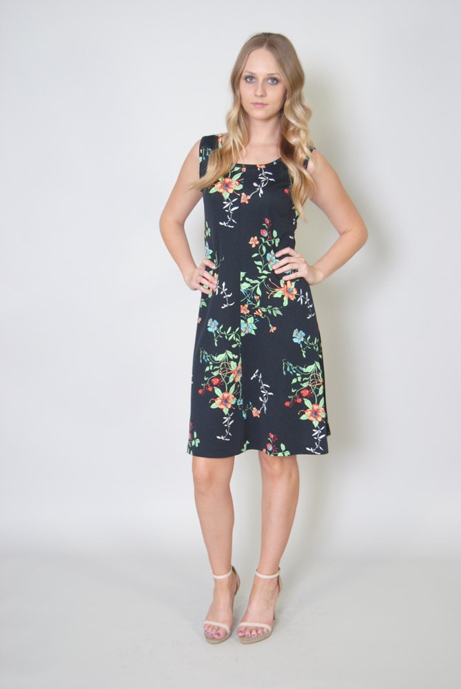 Vintage Floral Dress 70s Sheath NEON Floral Dress Sleeveless Black Dress S M