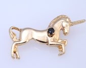 Golden Unicorn Pendant with Black Rhinestone Magical Creature Jewelry Anime Horse