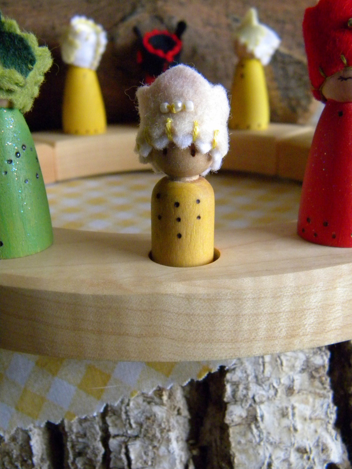 Birthday Princess, Peg Doll Princess, Small, hand dyed wool, jeweled crown, Waldorf Birthday, Girl, pink, peach, yellow, Birthday Ring decor