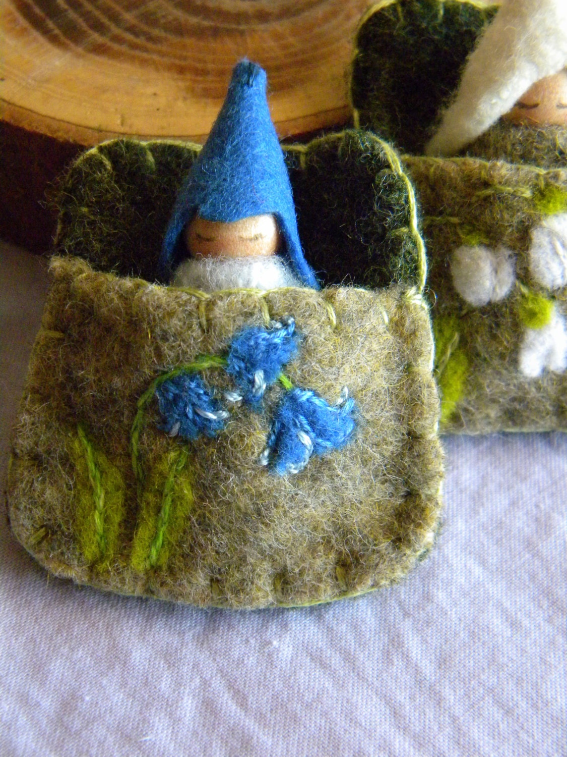 Sleeping Gnome Baby in Bluebell Pouch, Spring Toy, Waldorf Gnome Baby, Bluebells, forest green, spring green, blue, light blue