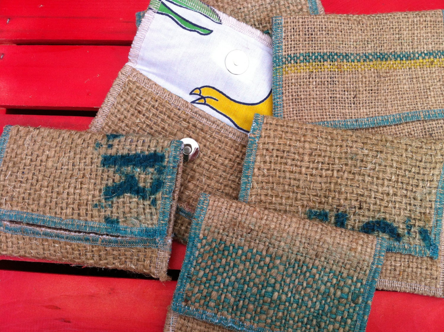 Recycled Burlap Coffee sack Wallet lined with Dinosaur Linens