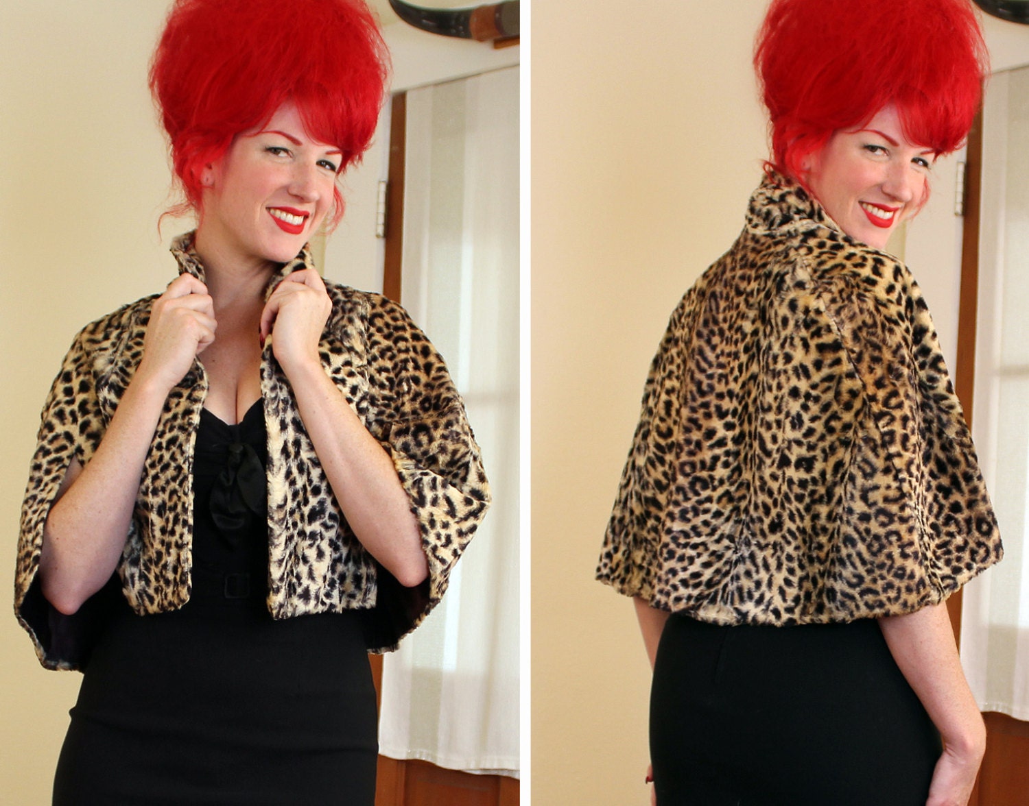 BOMBSHELL 1950's Plush & Velvety Faux Leopard Fur Capelet w/ Satin Lining - Cropped Cape - Shawl Collar - Glam - VLV - Burlesque