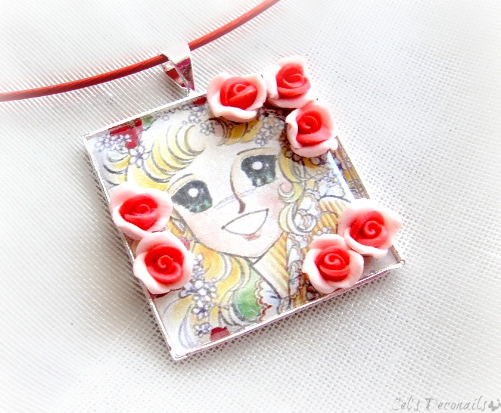 Cute girl red roses retro anime square pendant, candy candy necklace, tee girl necklace