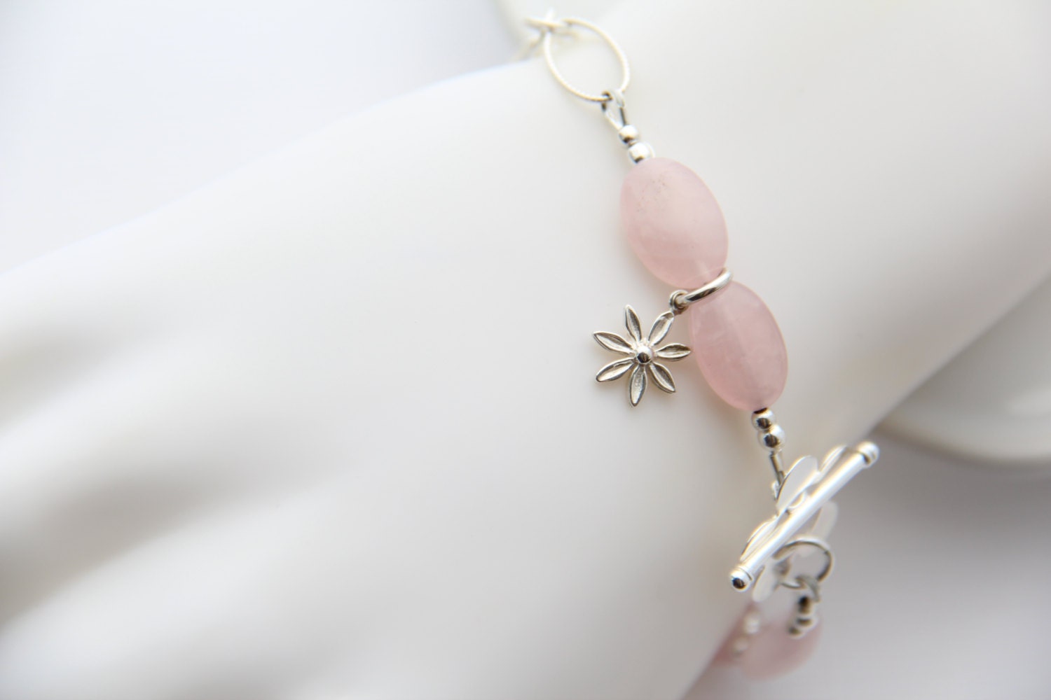 Pink and Sterling Silver Bracelet Rose Quartz Gemstone Bracelet