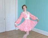 Dress 1960s 1970s Vintage 60s 70s Salmon Mod Mini Dress Chiffon Chic Peasant  Boho Dress  S Small M Medium