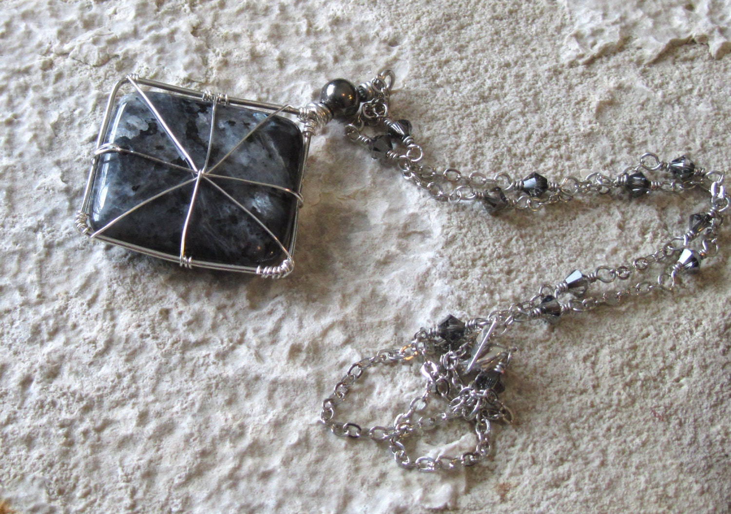 Starburst - Larvikite (Blue Labradorite) Pendant on Crystal Chain