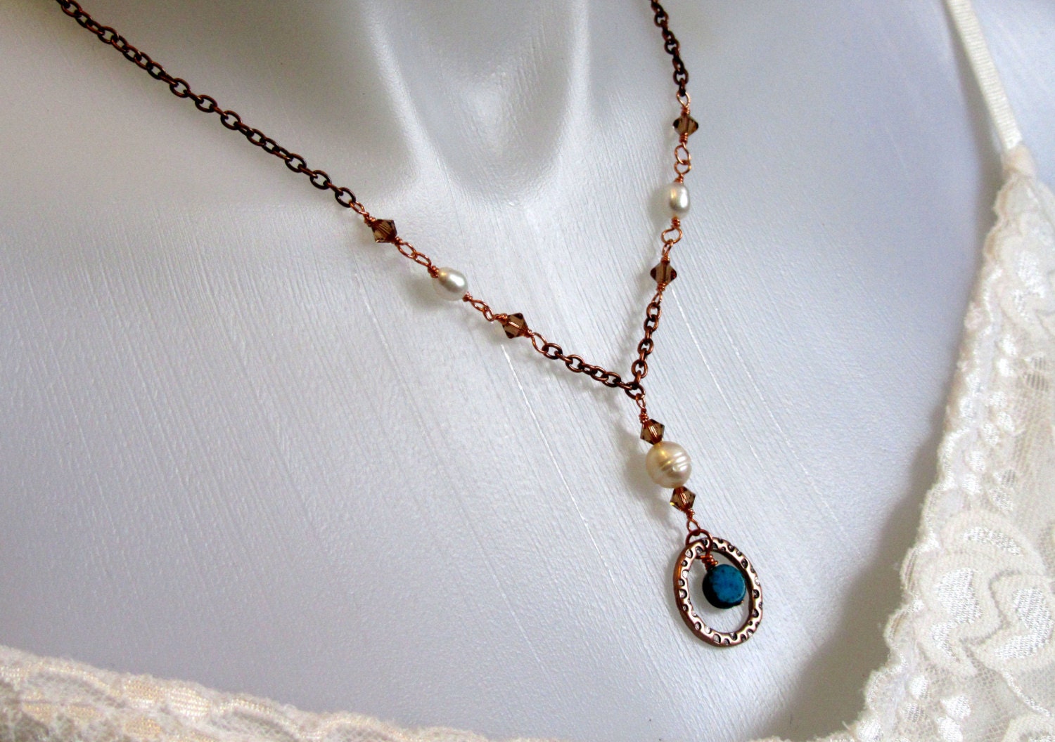 Centered - Copper Necklace with Pearls, Topaz Swarovski, and Blue Magnesite