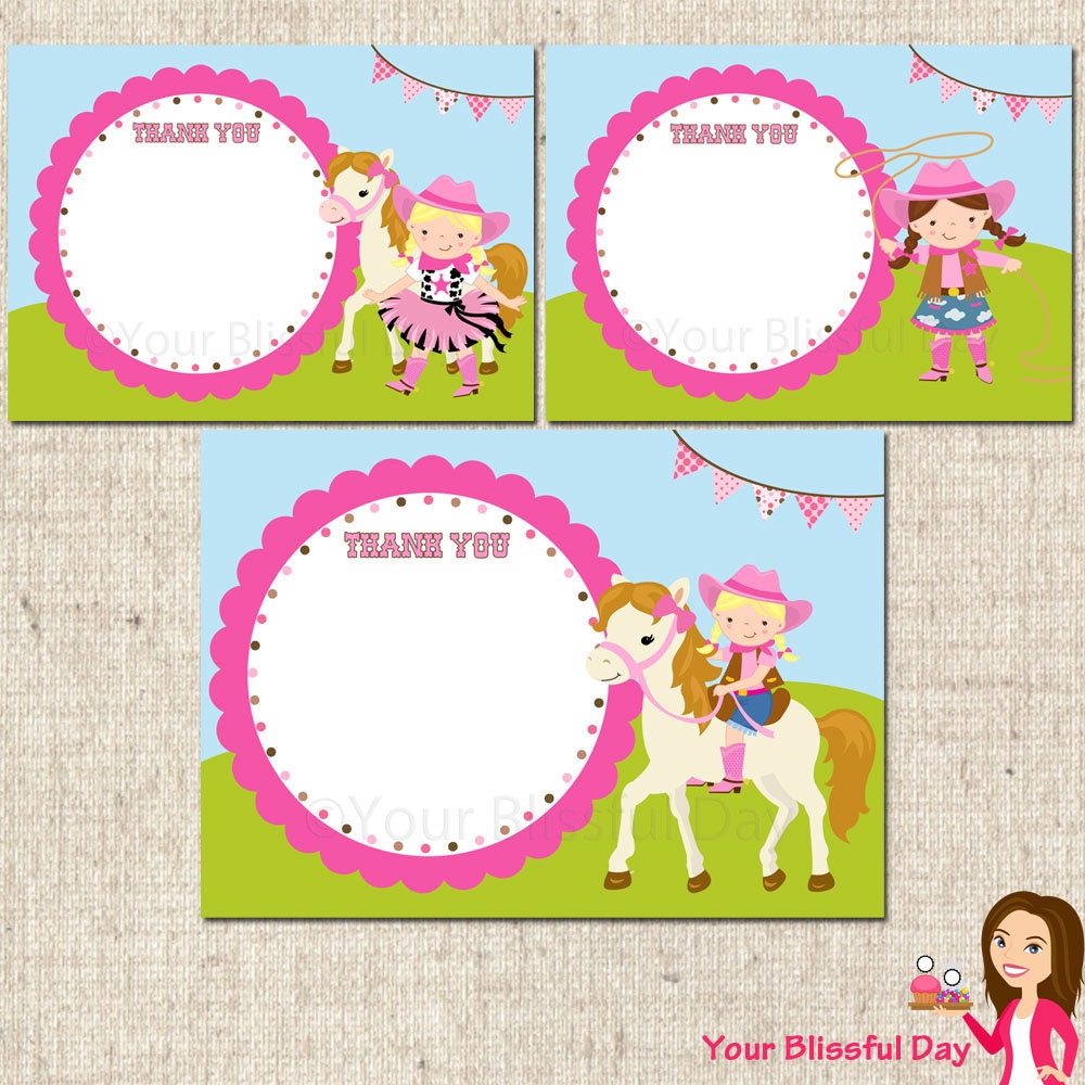 PRINTABLE Pink Cowgirl Thank You Cards (Character of your choice) Il_570xn