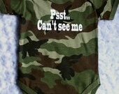 Camo funny boy baby onesie - Psst.. Can't see me -  green black brown camouflage joke onsie. Army, military, hunting baby clothes 6 months