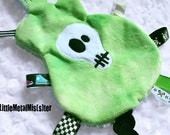 GuiTag - Guitar Shape Skull Blanket / Lovey. Bright Lime Green (Punk Rocker / Music / Metal) teething babies, infants and toddlers. Unisex