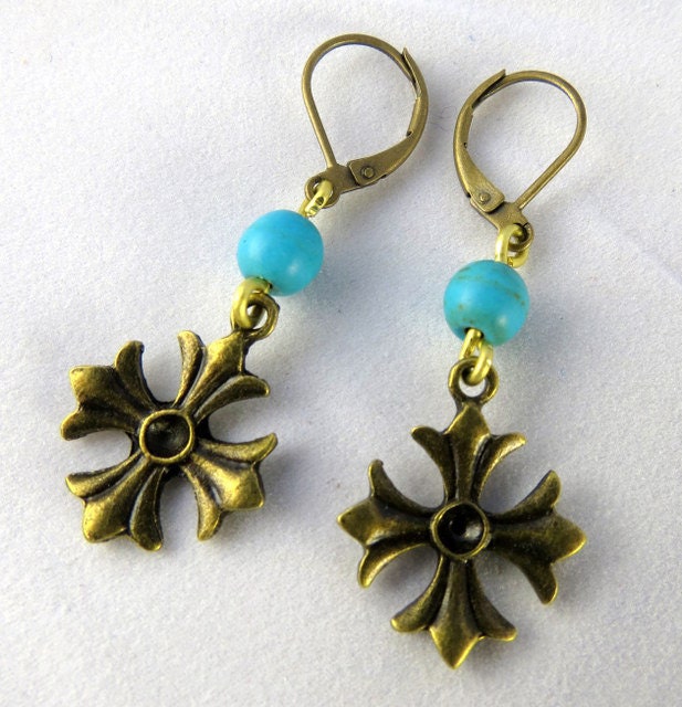 Brass and Turquoise Cross Charm Earrings
