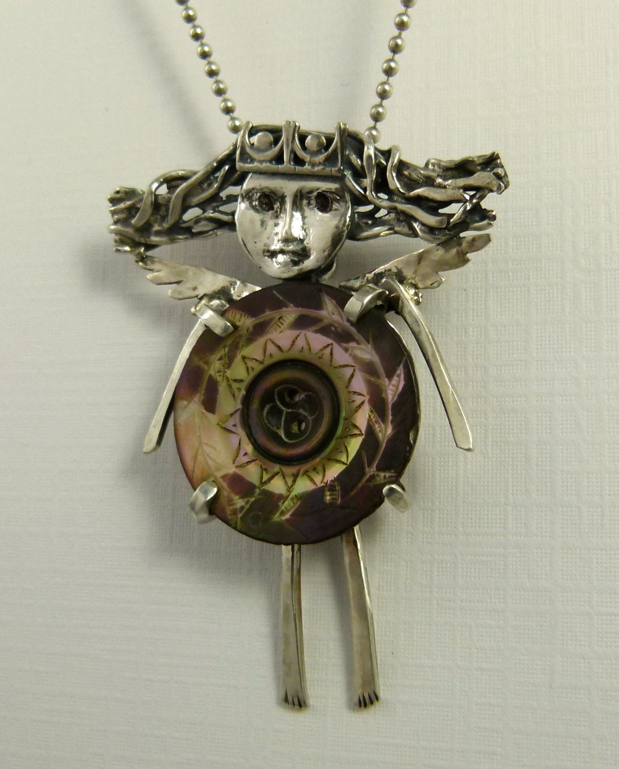 Angel Belly Button Beth Holds Things Together - Up Cycled Sterling, Antique Button, And PMC - Art Jewelry Pendant - Echo Friendly - 1172