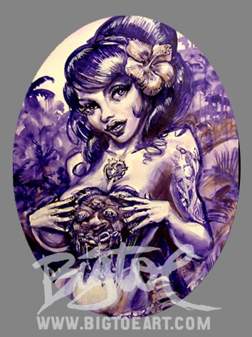 Beautiful Maiden with Shrunken Head  Black  Oval Brooch