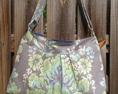 Hobo Purse Cross Body Pleated Bag with Adjustable Strap and Zipper Closure  - Blue, Green and White Floral