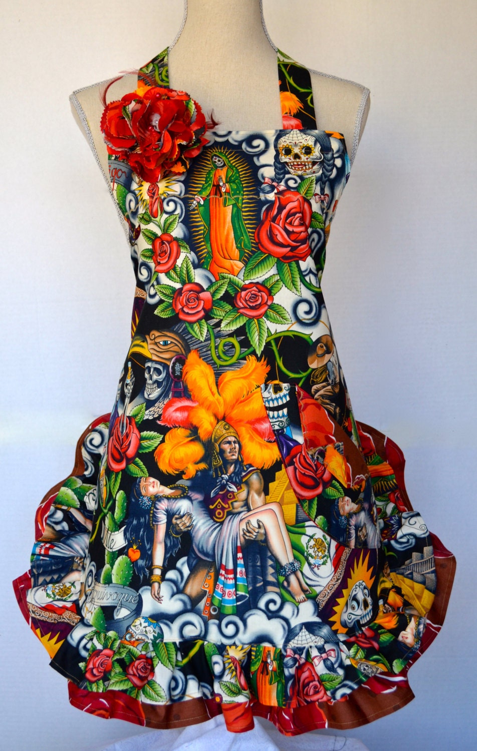 Womens Apron Dios Los Muertos - Sugar Skull Day of Dead Virgen de Guadalupe  Double Ruffles