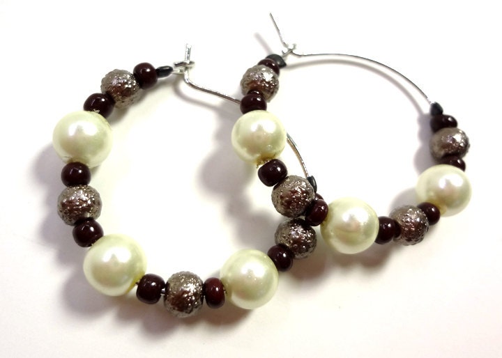 Brown and Cream Pearl Hoop Earrings