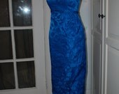 VINTAGE 50s 60s Blue Brocade Dress, Gown, Evening Wiggle Dress, Metal Zipper - S/XS