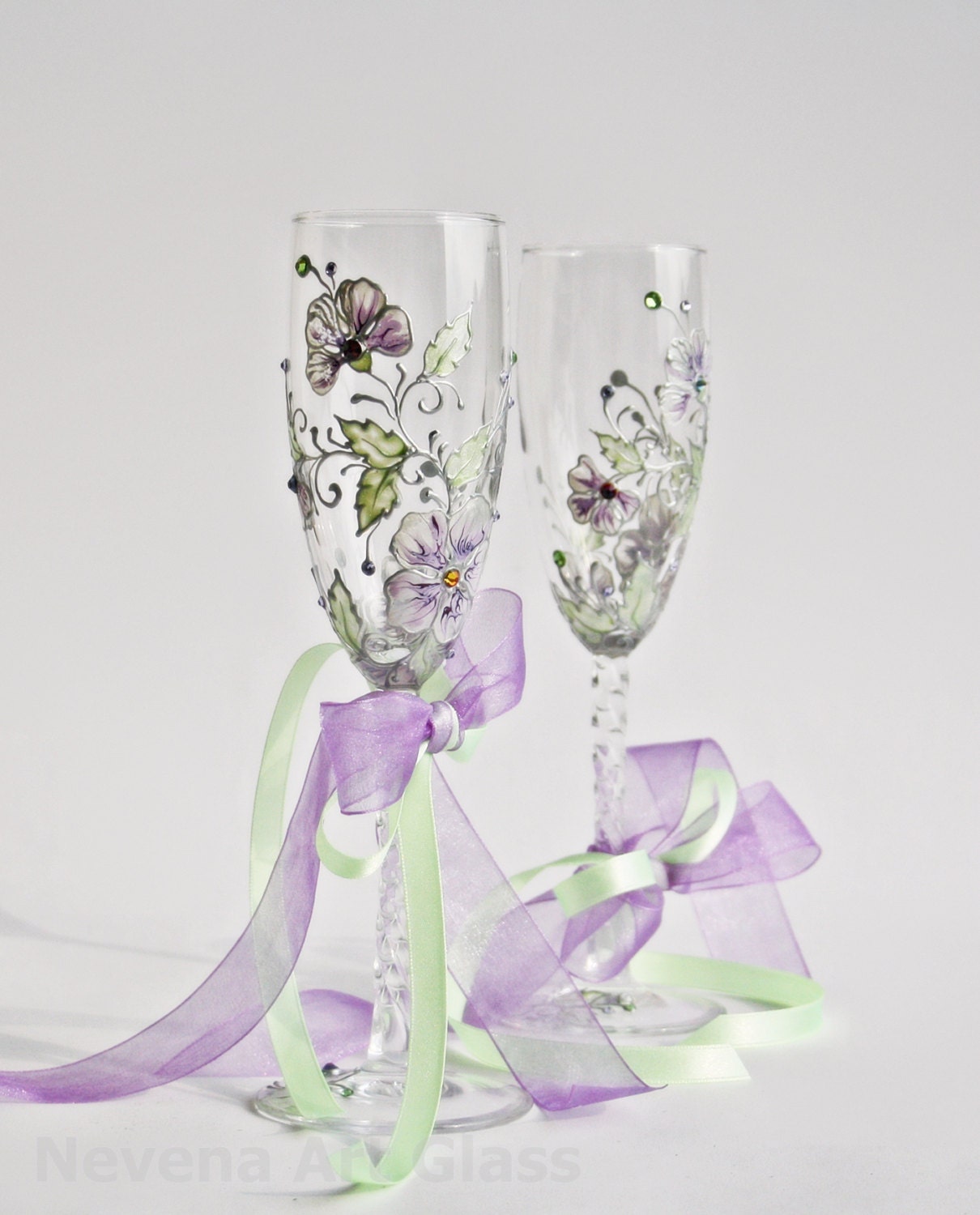 Wedding Glasses Toasting Flutes Hand Painted Floral Violet Green Silver Swarovski Crystals set of 2