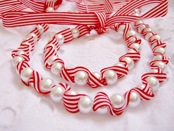 Red Candy striped Necklace and Bracelet Set Pearl and Ribbon Jewelry Bridesmaid Jewelry Bridesmaid gifts
