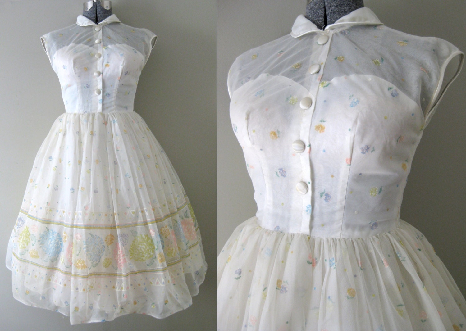 Angel Cupcake Flocked Vintage 50s Party Prom Dress - Chiffon Tulle Pastel White Romantic Prom Formal Circle Skirt Wedding Teen Petite XS S