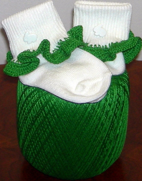 White Bunny Rabbit on Sassy Spring Green Crocheted Ruffle Trim Socks - Infant Size 0-5
