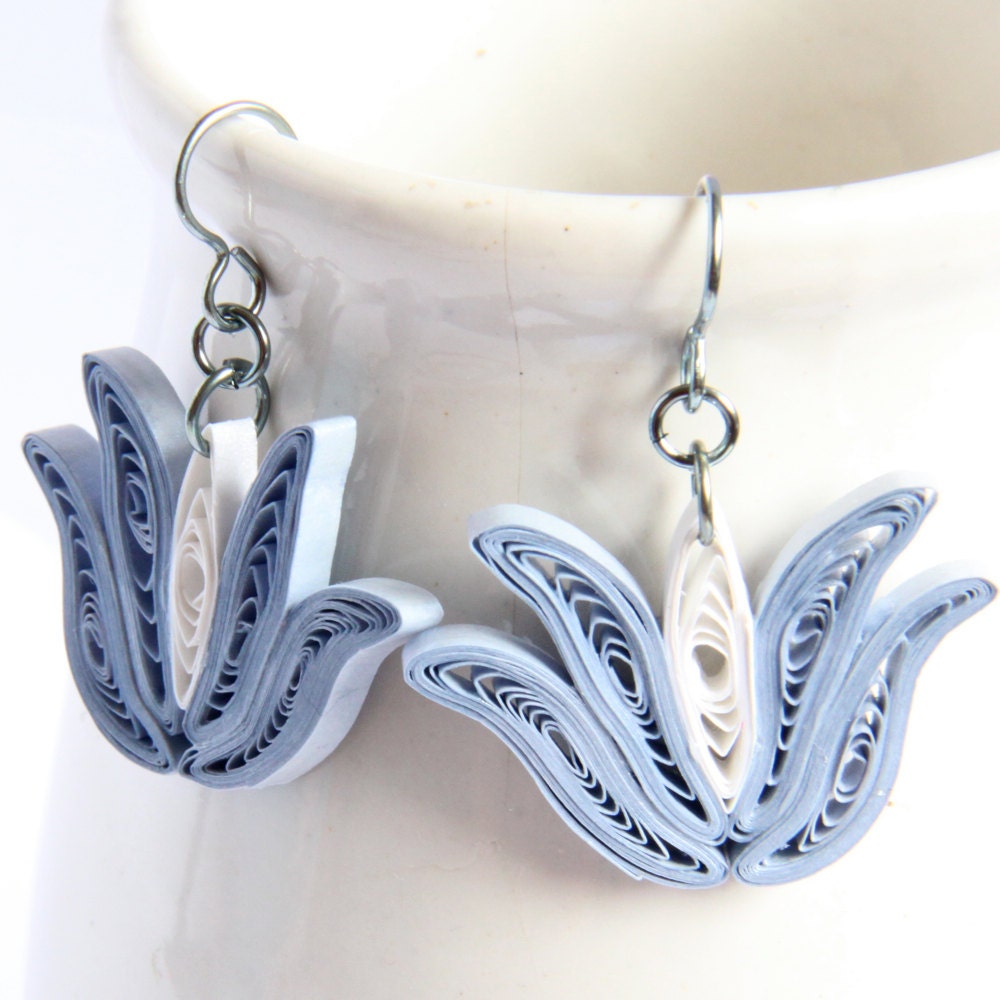 Lotus Earrings Light Denim Blue and White Handmade with Niobium Earring Hooks Bridesmaid gift Eco Friendly Earrings / Artisan Jewelry