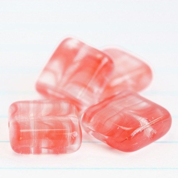 Czech Hurricane Flat Square Glass Beads - Strawberry Red / Crystal (8mm) x 8