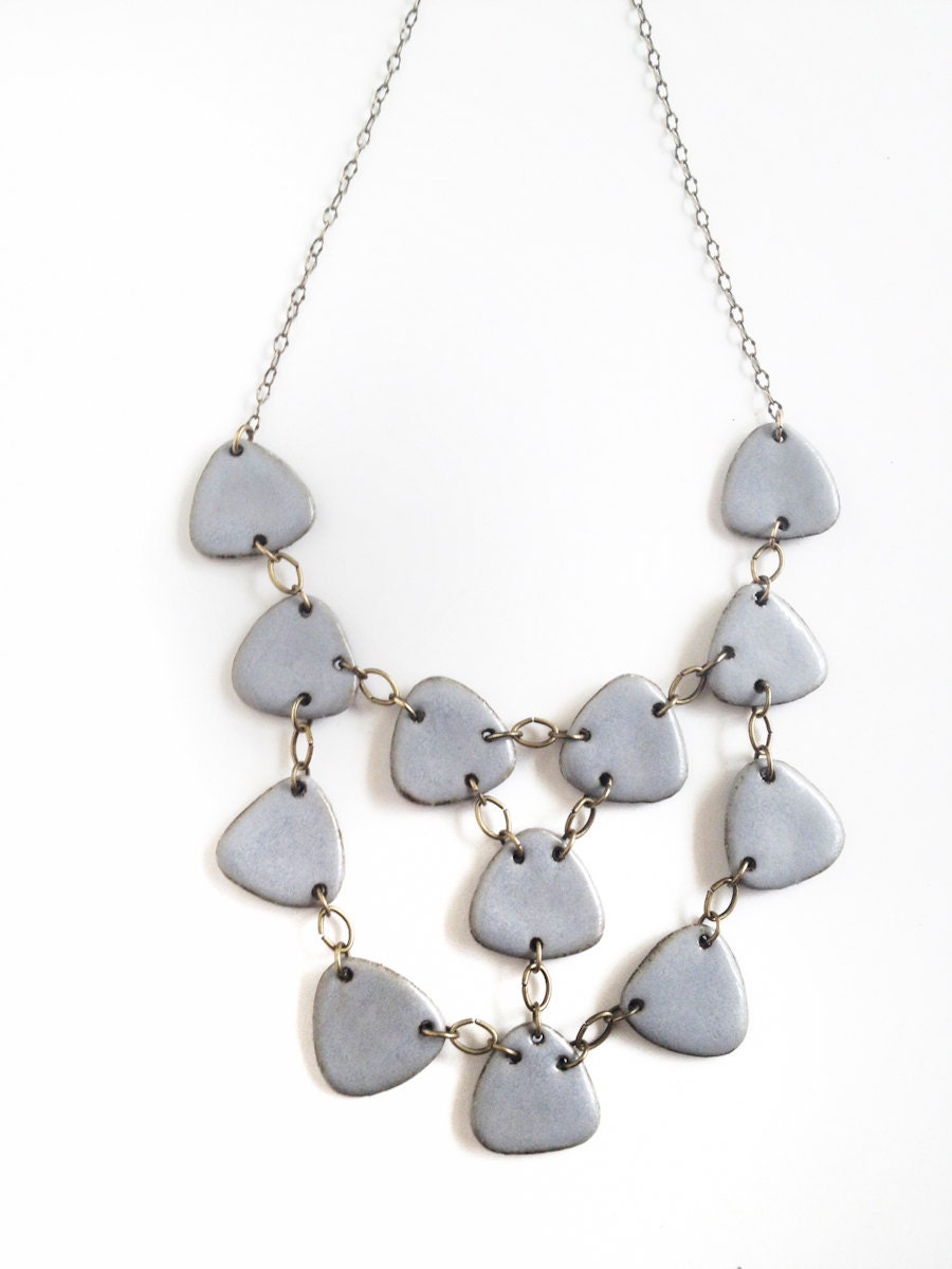 Handmade Jewelry Statement necklace bib in blue grey glaze on Cassius Clay