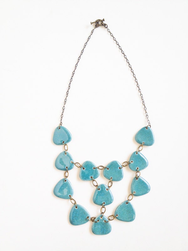 Handmade Porcelain Jewelry Statement necklace bib in Turqoise blue glaze with soft speckles