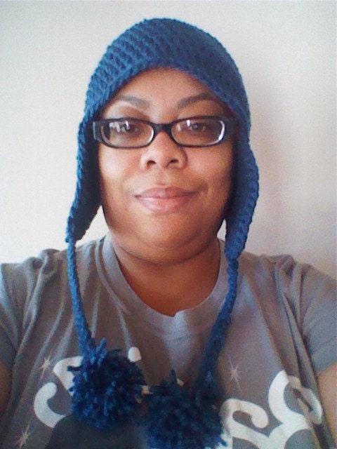 Blue Beanie (Toque) With Ear Flaps, Tassels and Pompoms