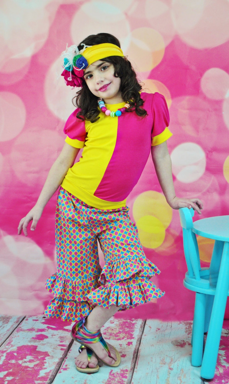 Girls Floral Mod Dot Capri Ruffle Pants Size 7-10